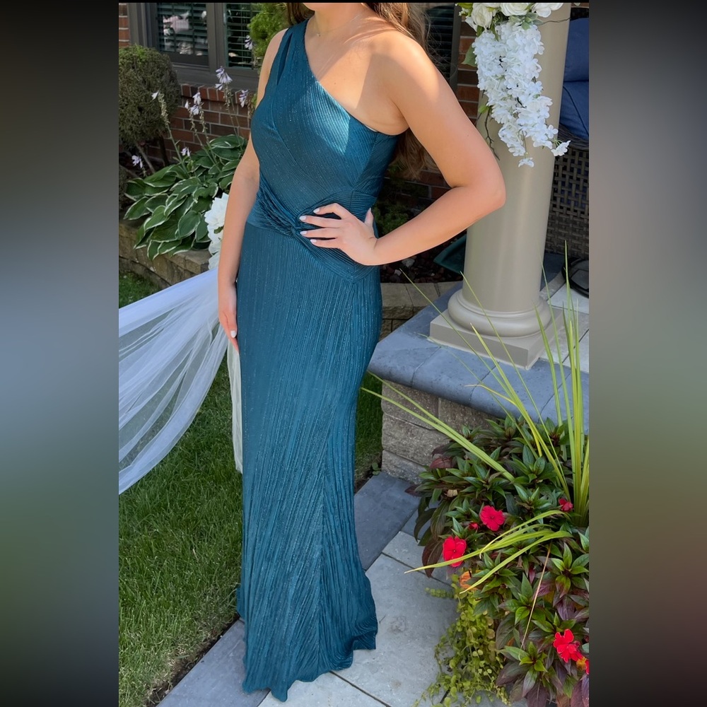 Xscape Teal One-Shoulder Glitter Gown